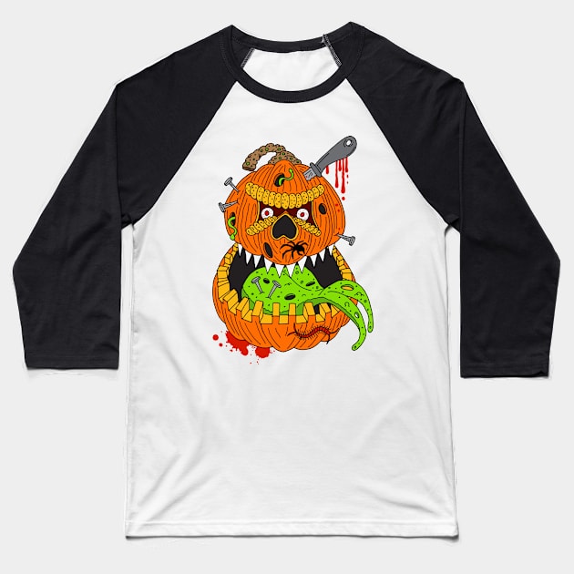 Evil Halloween Pumpkin Character Baseball T-Shirt by HotHibiscus